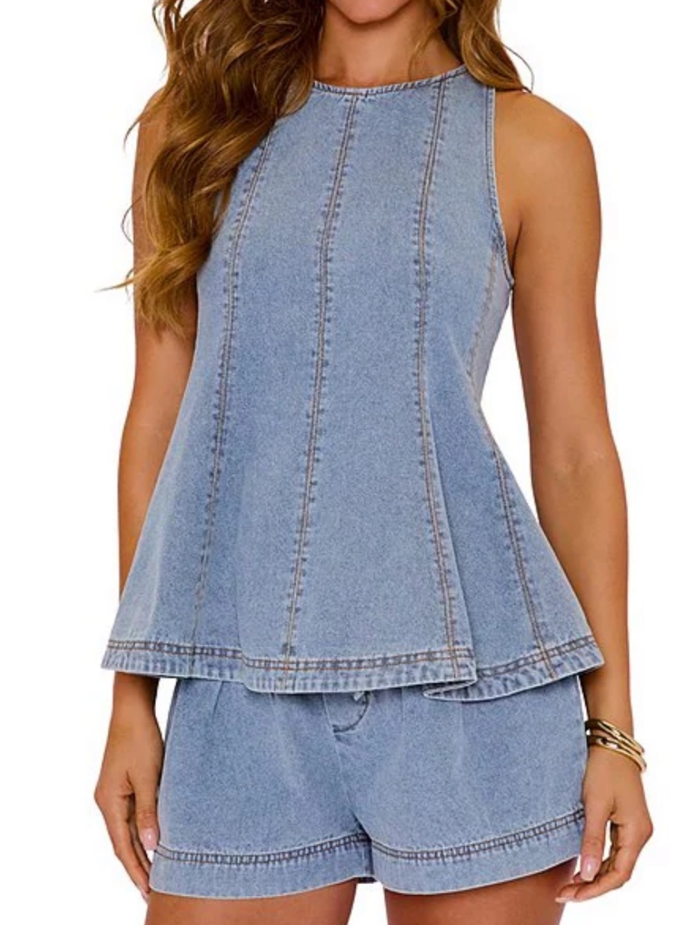 🌷 VICI Collection
Coordinating Denim Contrast Seam Crew Neck Peplum Blouse